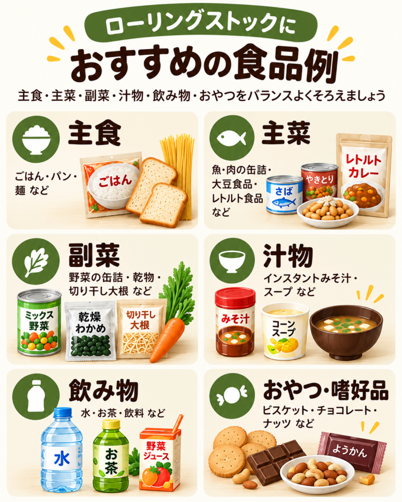 ローリングストックにおすすめの食品例。主食、主菜、副菜、お菓子など