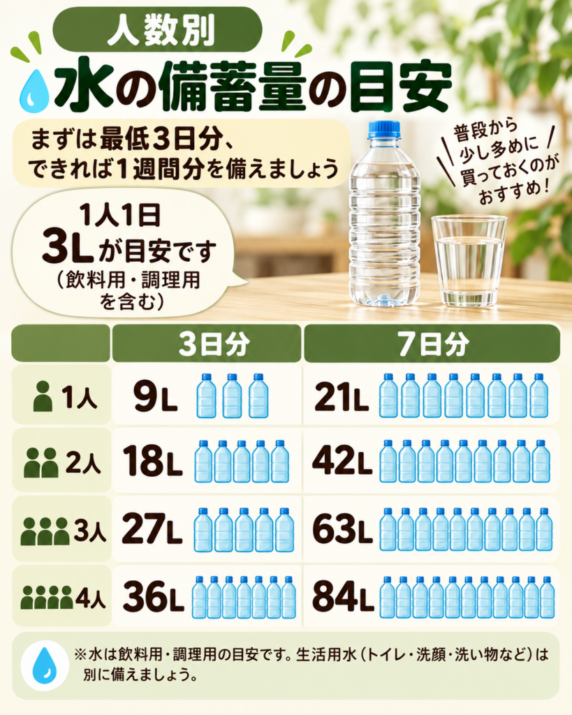 人数別の水の備蓄量の目安。1人1日3Lを基準に3日分と7日分を比較